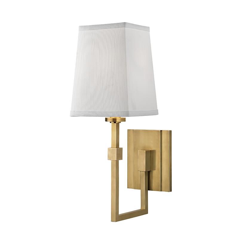 Shown in Aged Brass finish and White Faux Silk shade